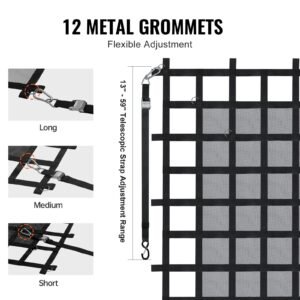 cargo net, 72 in x 57 in, heavy duty truck cargo net for truck bed, 4 adjustable straps with carabiners & s hooks, wear resistant & weather proof, suitable for pickup, truck, jeep, suv, boat