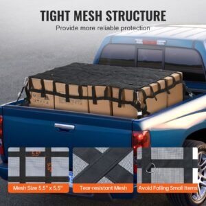cargo net, 72 in x 57 in, heavy duty truck cargo net for truck bed, 4 adjustable straps with carabiners & s hooks, wear resistant & weather proof, suitable for pickup, truck, jeep, suv, boat