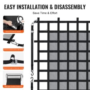 cargo net, 72 in x 57 in, heavy duty truck cargo net for truck bed, 4 adjustable straps with carabiners & s hooks, wear resistant & weather proof, suitable for pickup, truck, jeep, suv, boat