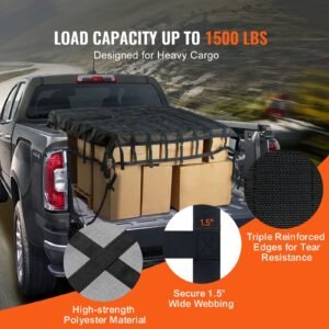 cargo net, 96 in x 81 in, heavy duty truck cargo net for truck bed, 4 adjustable straps with carabiners & s hooks, wear resistant & weather proof, suitable for pickup, truck, jeep, suv, boat