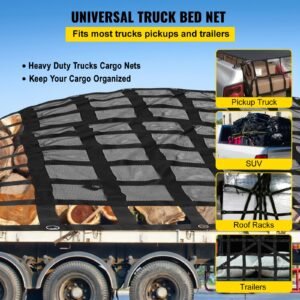 cargo net with mesh, 8' x 6.7' cargo net for pickup truck bed, heavy duty cargo nets with cam buckles & s hooks & cross strap, truck bed cargo net for trailer suv jeeps(96" x 80")
