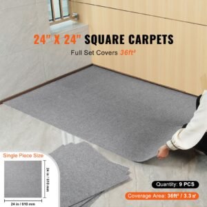 carpet tiles peel and stick, 24' x 24' squares self adhesive carpet floor tile, soft padded carpet tiles, easy install diy for bedroom living room indoor outdoor (9tiles, light gray)