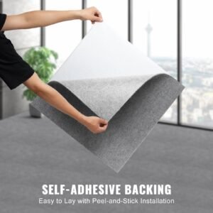 carpet tiles peel and stick, 24' x 24' squares self adhesive carpet floor tile, soft padded carpet tiles, easy install diy for bedroom living room indoor outdoor (9tiles, light gray)