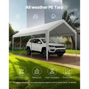 carport, 10 x 20 ft outdoor car canopy, potable carport, heavy duty galvanized car shelter, uv resistant & water resistant, all season protection, storage shed for boat motorcycle white