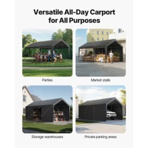carport, 10 x 20 ft outdoor car canopy, potable carport with removable sidewalls & door, heavy duty car shelter, uv resistant & water resistant, all season protection for automobile boat grey
