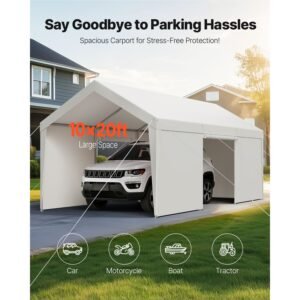 carport, 10 x 20 ft outdoor car canopy, potable carport with removable sidewalls & door, heavy duty car shelter, uv resistant & water resistant, all season protection for automobile boat white