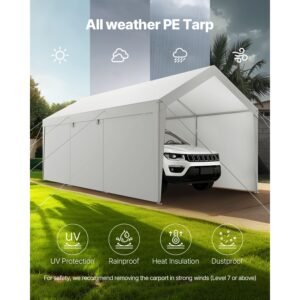 carport, 10 x 20 ft outdoor car canopy, potable carport with removable sidewalls & door, heavy duty car shelter, uv resistant & water resistant, all season protection for automobile boat white