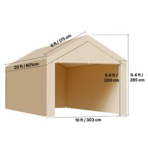 carport replacement canopy, 10 x 20 ft potable garage tent top tarp with sidewalls, uv resistant & waterproof, heavy duty car shelter tarp with ball buggees, beige, frame not included