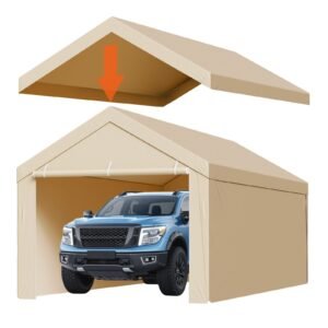 carport replacement canopy, 10 x 20 ft potable garage tent top tarp with sidewalls, uv resistant & waterproof, heavy duty car shelter tarp with ball buggees, beige, frame not included