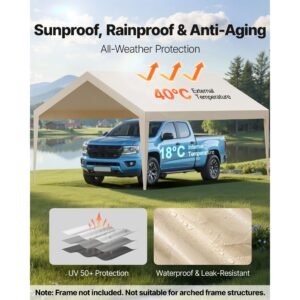 carport replacement canopy, 12 x 20 ft potable garage tent top tarp, uv resistant & waterproof car shelter tarp, heavy duty car port cover with ball buggees, beige, frame not included