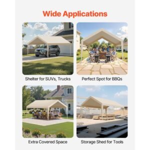 carport replacement canopy, 12 x 20 ft potable garage tent top tarp, uv resistant & waterproof car shelter tarp, heavy duty car port cover with ball buggees, beige, frame not included