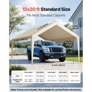 carport replacement canopy, 12 x 20 ft potable garage tent top tarp, uv resistant & waterproof car shelter tarp, heavy duty car port cover with ball buggees, beige, frame not included