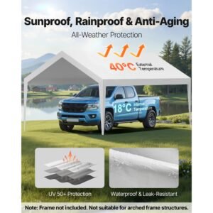 Carport Replacement Canopy, 12 x 20 ft Potable Garage Tent Top Tarp, UV-Resistant & Waterproof Car Shelter Tarp, Heavy Duty Car Port Cover with Ball Buggees, White, Frame Not Included