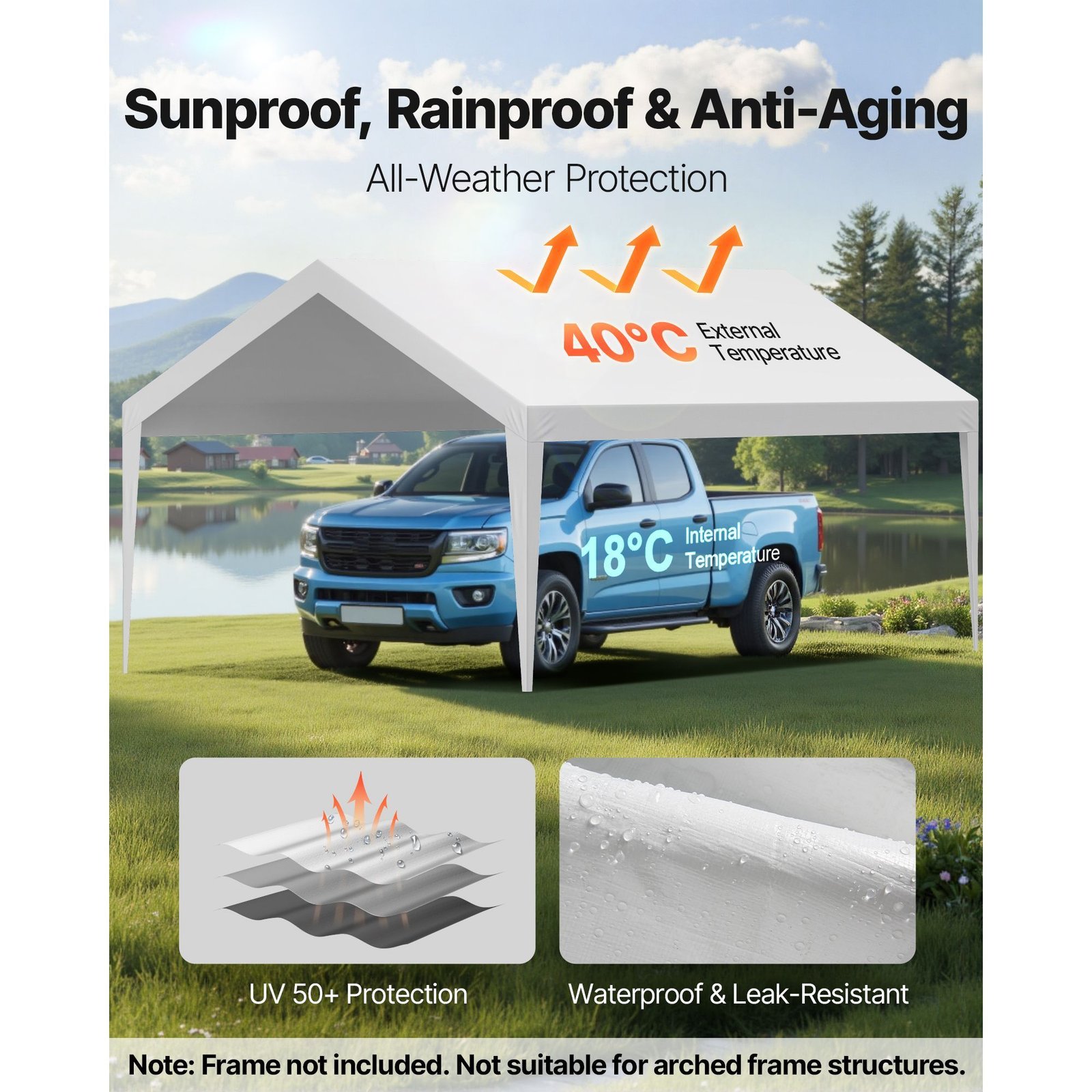 carport replacement canopy, 12 x 20 ft potable garage tent top tarp, uv resistant & waterproof car shelter tarp, heavy duty car port cover with ball buggees, white, frame not included