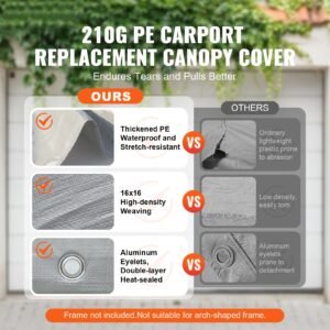 carport replacement canopy cover 10 x 20 ft, garage top tent shelter tarp heavy duty waterproof & uv protected, easy installation with ball bungees,grey (only top cover, frame not include)