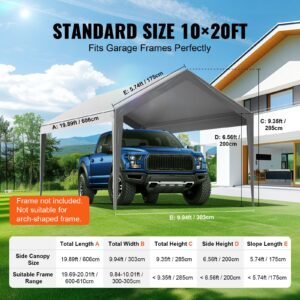 carport replacement canopy cover 10 x 20 ft, garage top tent shelter tarp heavy duty waterproof & uv protected, easy installation with ball bungees,grey (only top cover, frame not include)
