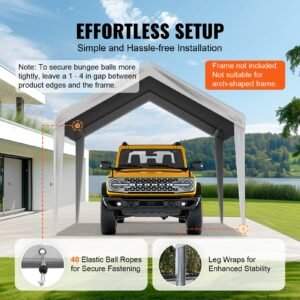 carport replacement canopy cover 10 x 20 ft, garage top tent shelter tarp heavy duty waterproof & uv protected, easy installation with ball bungees,grey (only top cover, frame not include)