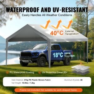 carport replacement canopy cover 12 x 20 ft, garage top tent shelter tarp heavy duty waterproof & uv protected, easy installation with ball bungees,grey (only top cover, frame not include)