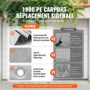 carport replacement canopy cover side wall 12 x 20 ft, garage tent shelter tarp heavy duty waterproof & uv protected, easy installation with ball bungees,grey (top and frame not included)