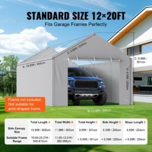 carport replacement canopy cover side wall 12 x 20 ft, garage tent shelter tarp heavy duty waterproof & uv protected, easy installation with ball bungees,grey (top and frame not included)