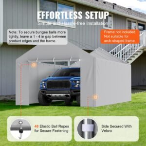 carport replacement canopy cover side wall 12 x 20 ft, garage tent shelter tarp heavy duty waterproof & uv protected, easy installation with ball bungees,grey (top and frame not included)