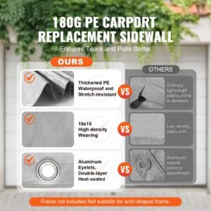 carport replacement canopy cover side wall 13 x 20 ft, garage tent shelter tarp heavy duty waterproof & uv protected, easy installation with ball bungees,grey (top and frame not included)