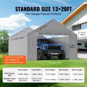 carport replacement canopy cover side wall 13 x 20 ft, garage tent shelter tarp heavy duty waterproof & uv protected, easy installation with ball bungees,grey (top and frame not included)