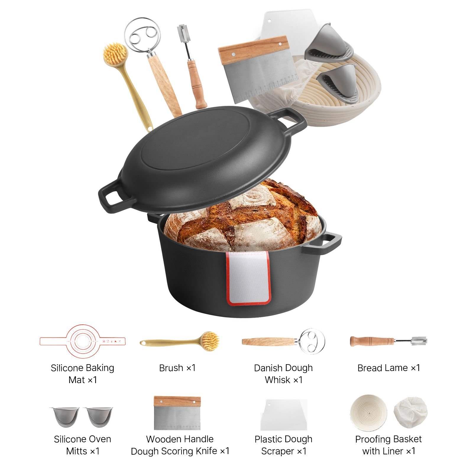 cast iron dutch oven, 2 in 1 pre seasoned pot with skillet lid, 5qt cookware pan with proofing basket, bread baking accessories, bread oven compatible 500fahrenheit