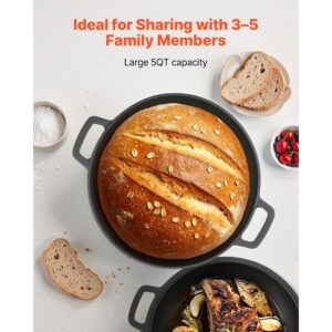 cast iron dutch oven, 2 in 1 pre seasoned pot with skillet lid, 5qt cookware pan with proofing basket, bread baking accessories, bread oven compatible 500fahrenheit