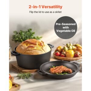 cast iron dutch oven, 2 in 1 pre seasoned pot with skillet lid, 5qt cookware pan with proofing basket, bread baking accessories, bread oven compatible 500fahrenheit