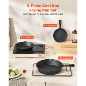 cast iron skillet, 3 piece frying pan set (6, 8, 10 in), heavy duty skillets with heat resistant handle, pre seasoned chef's pan, kitchen cookware, for oven, gas, electrical, induction, black