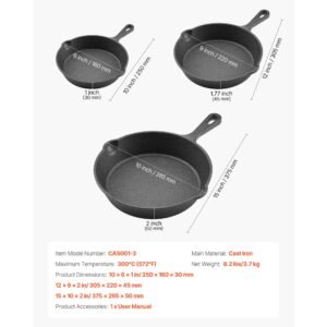 cast iron skillet, 3 piece frying pan set (6, 8, 10 in), heavy duty skillets with heat resistant handle, pre seasoned chef's pan, kitchen cookware, for oven, gas, electrical, induction, black