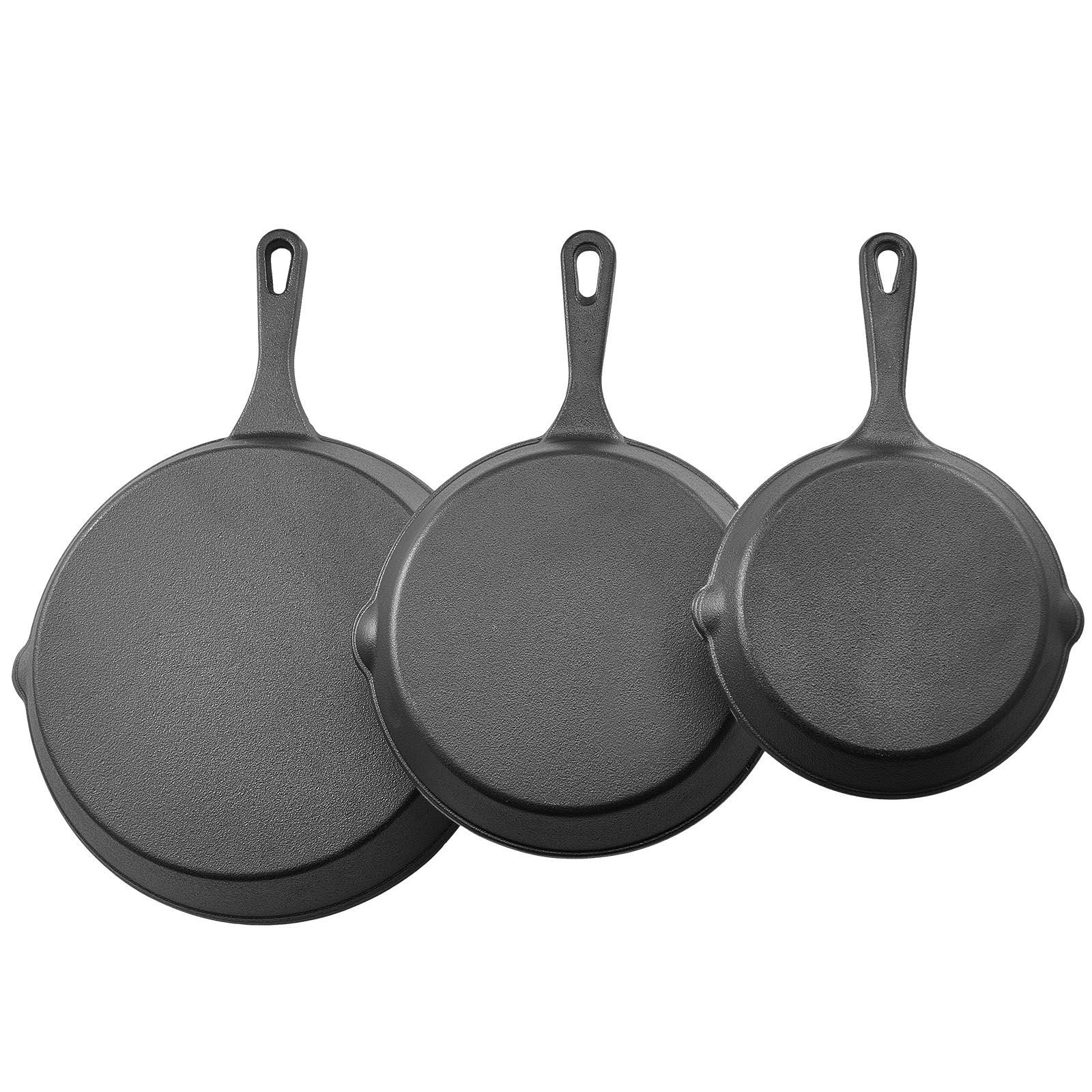 cast iron skillet, 3 piece frying pan set (6, 8, 10 in), heavy duty skillets with heat resistant handle, pre seasoned chef's pan, kitchen cookware, for oven, gas, electrical, induction, black