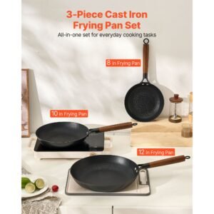 cast iron skillet, 3 piece frying pan set (8, 10, 12 in), nonstick skillets with detachable wood handle, pre seasoned chef's pan, kitchen cookware for gas, electrical, and induction, black