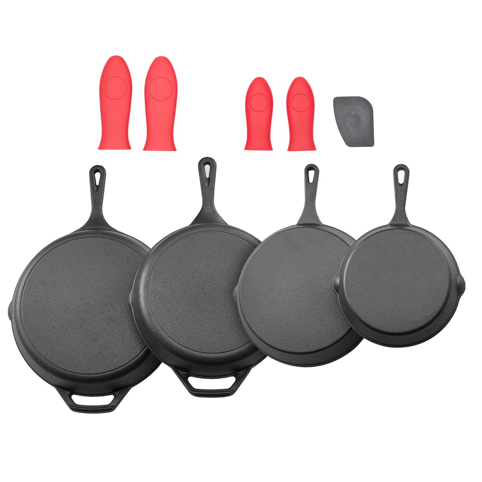 cast iron skillet, 4 piece frying pan set (6, 8, 10, 12 in), skillets with heat resistant silicone handle, pre seasoned chef's pan, kitchen cookware, for oven, gas, electrical, induction, black