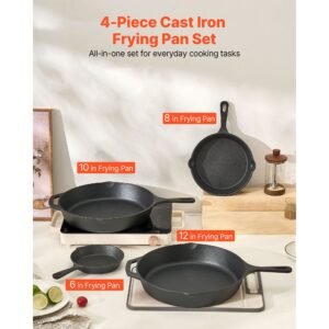 cast iron skillet, 4 piece frying pan set (6, 8, 10, 12 in), skillets with heat resistant silicone handle, pre seasoned chef's pan, kitchen cookware, for oven, gas, electrical, induction, black