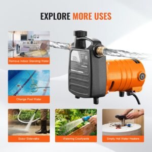 cast iron water transfer pump, 115v ac 1600 gph 1/2hp, portable electric utility pump with carbon brush, filter, brass connectors, for garden, rain barrel, pool, pond, hot tub, aquarium draining