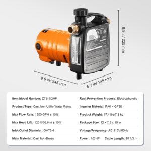 cast iron water transfer pump, 115v ac 1600 gph 1/2hp, portable electric utility pump with carbon brush, filter, brass connectors, for garden, rain barrel, pool, pond, hot tub, aquarium draining