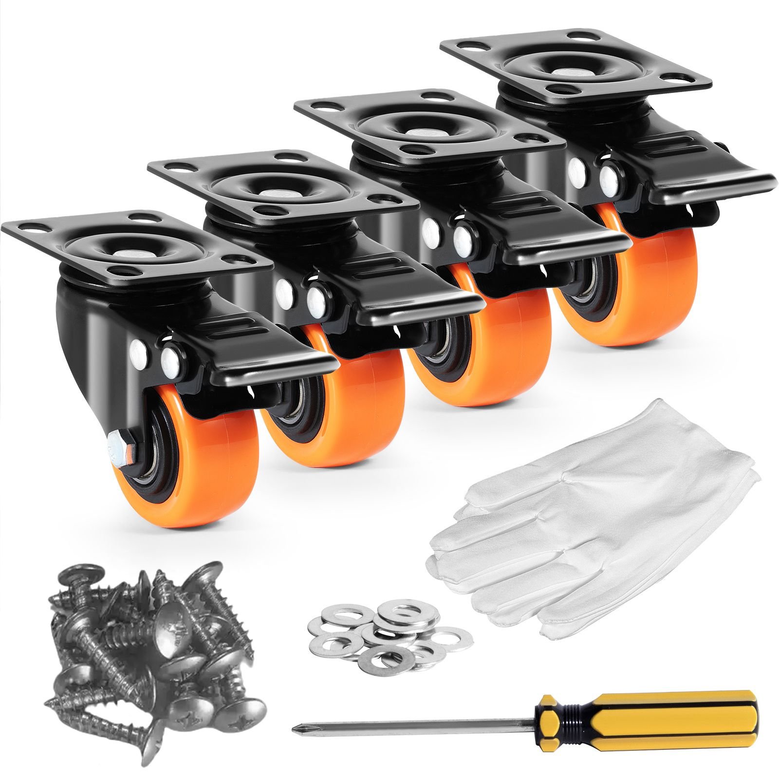 caster wheels, 2 inch swivel plate casters, set of 4, with security dual locking no noise pvc wheels, heavy duty 150 lbs load capacity per caster, non marking wheels for cart furniture workbench