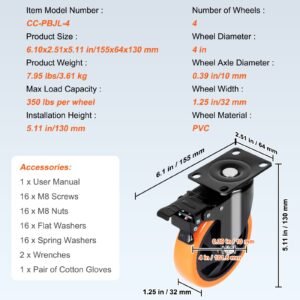 caster wheels, 4 inch swivel plate casters, set of 4, with security a/b locking no noise pvc wheels, heavy duty 350 lbs load capacity per caster, non marking wheels for cart furniture workbench