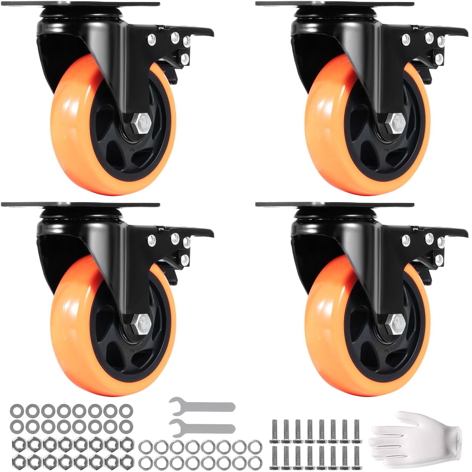 caster wheels, 4 inch swivel plate casters, set of 4, with security a/b locking no noise pvc wheels, heavy duty 350 lbs load capacity per caster, non marking wheels for cart furniture workbench