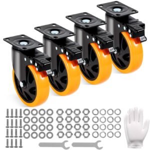 caster wheels, 5 inch swivel plate casters, set of 4, with security a/b locking no noise pvc wheels, heavy duty 450 lbs load capacity per caster, non marking wheels for cart furniture workbench