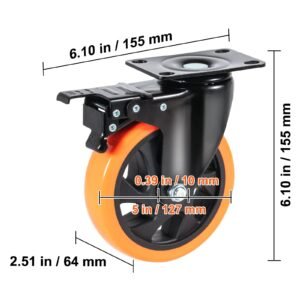caster wheels, 5 inch swivel plate casters, set of 4, with security a/b locking no noise pvc wheels, heavy duty 450 lbs load capacity per caster, non marking wheels for cart furniture workbench