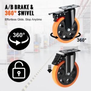 caster wheels, 6 inch swivel plate casters, set of 4, with security a/b locking no noise pvc wheels, heavy duty 700 lbs load capacity per caster, non marking wheels for cart furniture workbench
