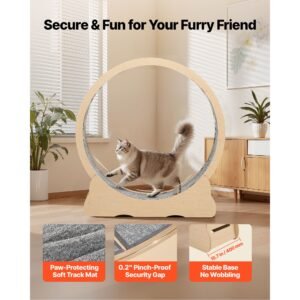 cat exercise wheel, 48 in wooden cat running wheel for indoor cats up to 28 lbs, cats treadmill with carpeted runway & locking mechanism, quiet roller kitten sport toys for pets fitness & health