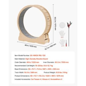 cat exercise wheel, 48 in wooden cat running wheel for indoor cats up to 28 lbs, cats treadmill with carpeted runway & locking mechanism, quiet roller kitten sport toys for pets fitness & health