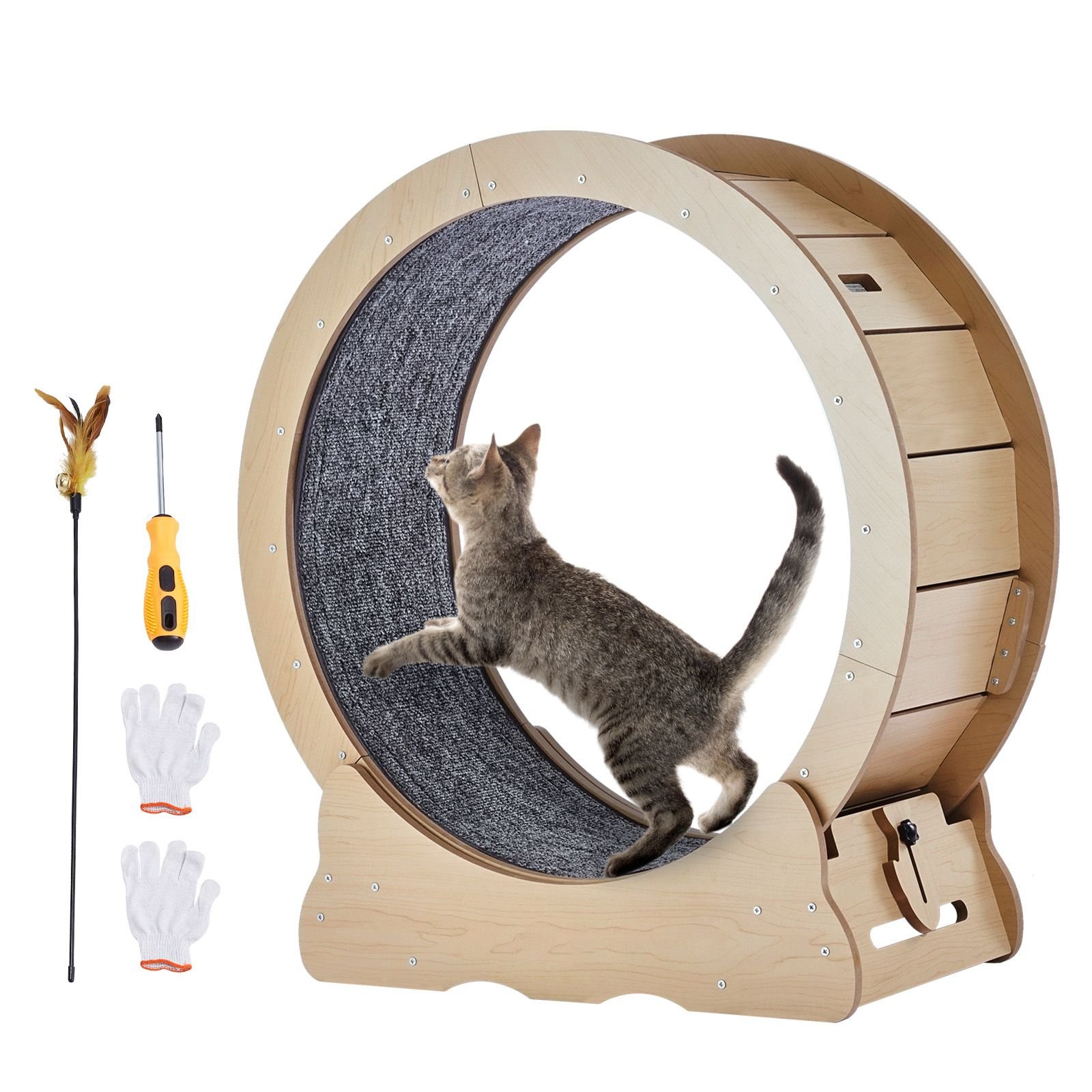 cat exercise wheel, large cat treadmill wheel for indoor cats, 29.5 inch cat running wheel with detachable carpet and cat teaser for running/walking/training, suitable for most cats