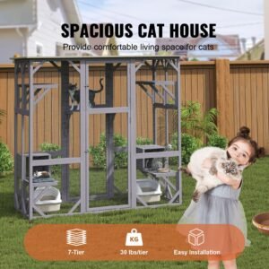 cat house outdoor, 7 tier large catio, cat enclosure with 5 platforms, 2 resting boxes & large front door, 71.2 x 34.6 x 66.5 inch