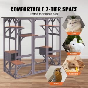 cat house outdoor, 7 tier large catio, cat enclosure with 5 platforms, 2 resting boxes & large front door, 71.2 x 34.6 x 66.5 inch
