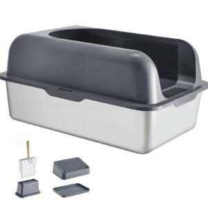 cat litter box, 6 inches deep, xl extra large stainless steel cat litter box with scoop, wide filtering foot board & high sides, enclosed odor free easy to clean litter box, fit for big cats